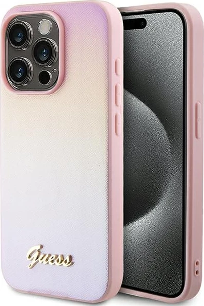 Ovitek za telefon Saffiano Iridescent Script Guess za iPhone 14 Pro Max, rožnat