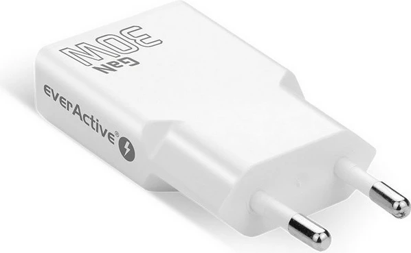 Stenski polnilnik GaN PD 30W, 2x USB-C, super tanek, bel, everActive SC-385Q