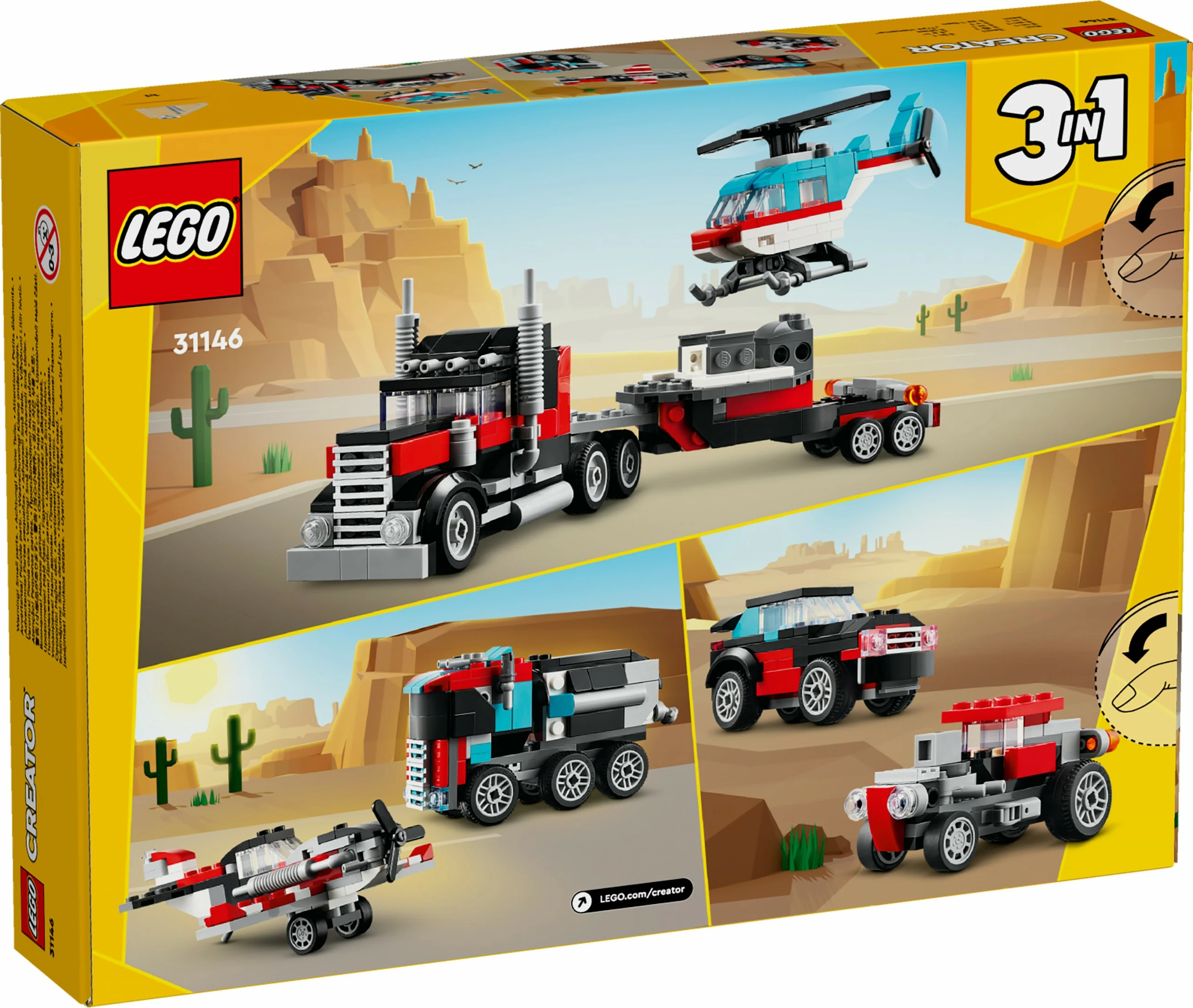 Set za gradnjo LEGO Creator 3 v 1, tovornjak s platformo in helikopter, 270 kosov, večbarven