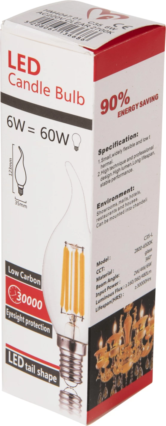 Žarnica v stilu plamena LED filament 6W E14 3000K prozorna zatemnljiva