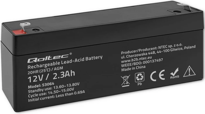 Baterija AGM Qoltec 53064, 12V, 2,3Ah, črna