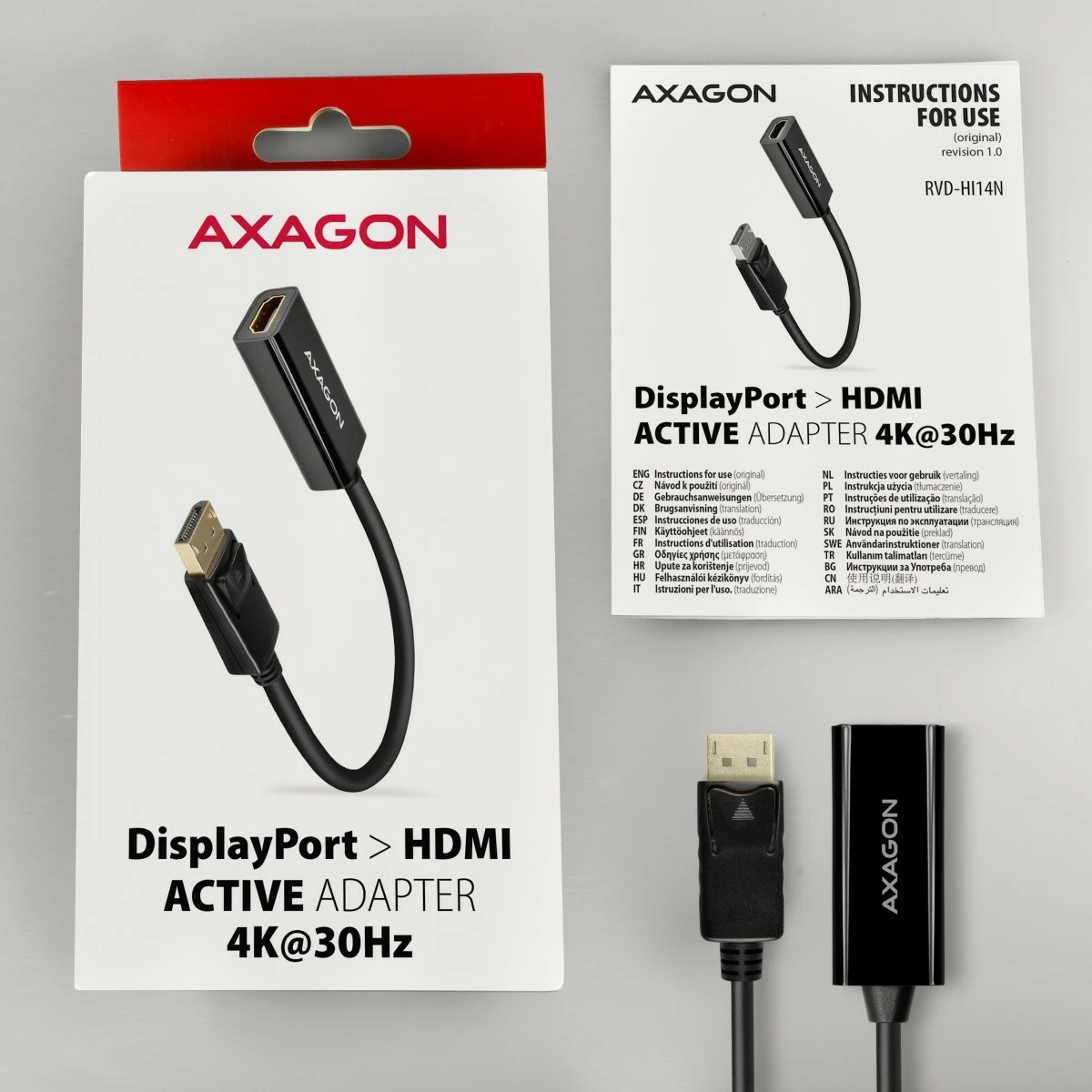 Aktivni adapter DisplayPort na HDMI AXAGON RVD-HI14N, 4K/30Hz, 18 cm, črn