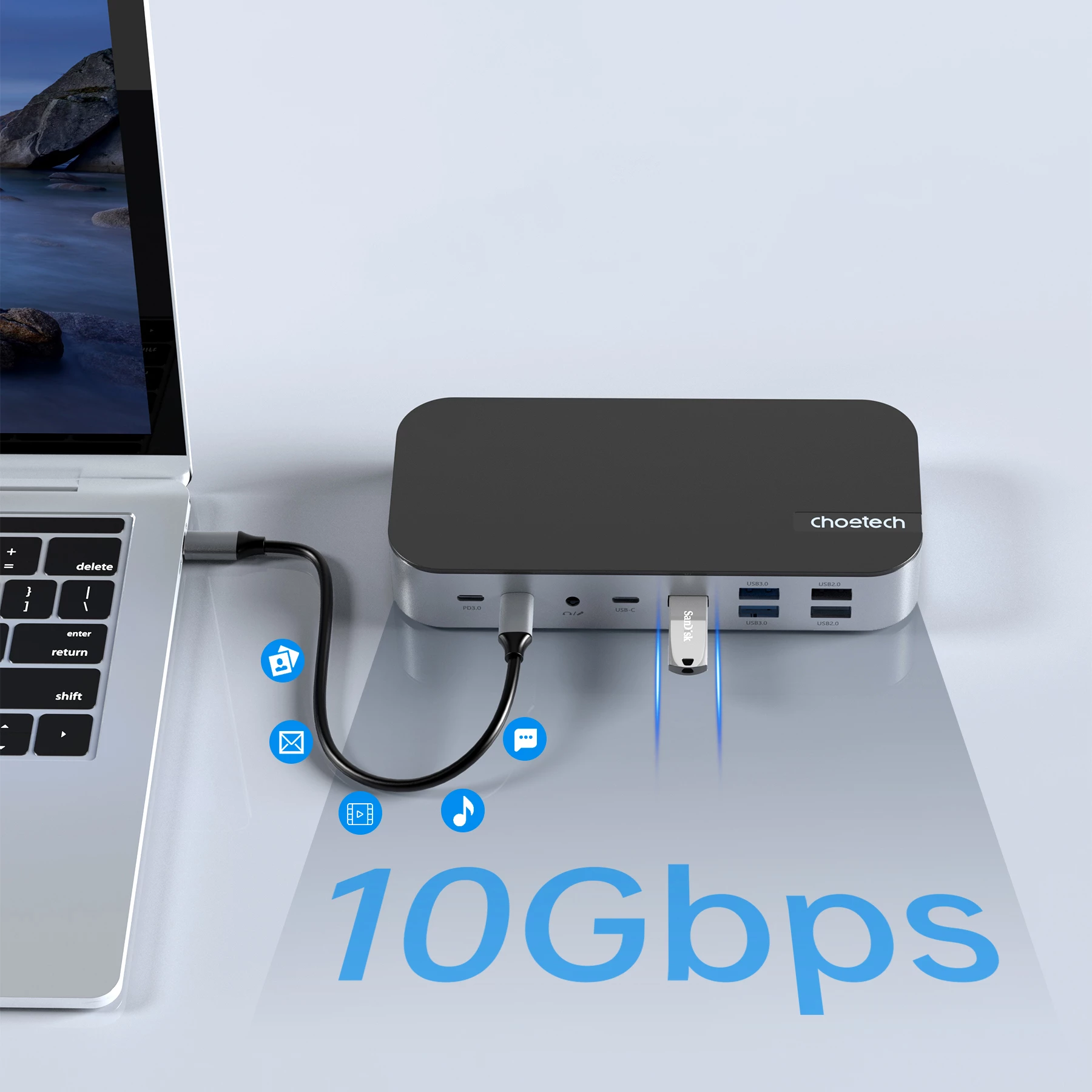 Večfunkcijski HUB Choetech HUB-M52, USB-C, HDMI, VGA, DP, SD, RJ45, siva