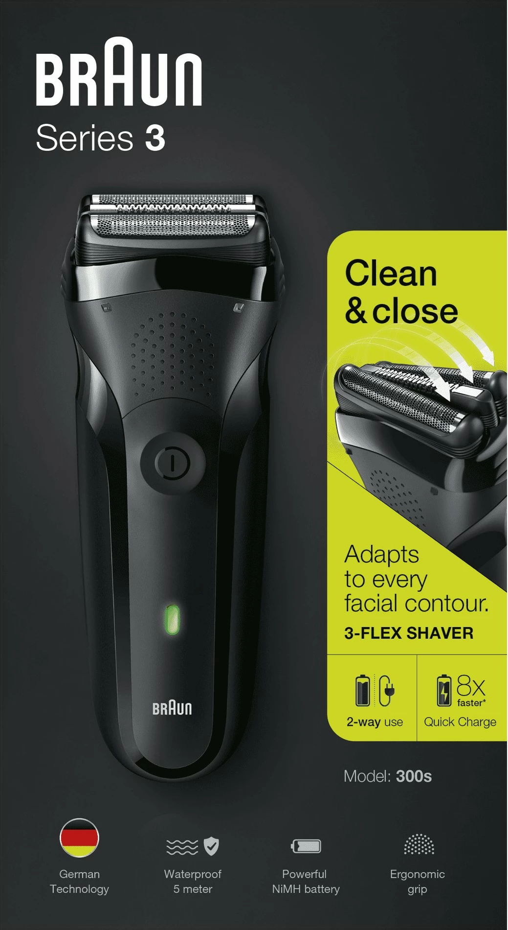 Foil brivnik Series 3 300s, Braun, LED, NiMH, črn