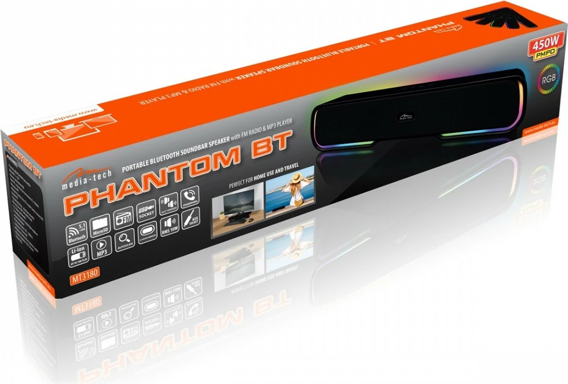 Zvočna vrstica Media‑Tech PHANTOM BT MT3180, Bluetooth 5.1, 10 W, mikrofon, RGB, črna