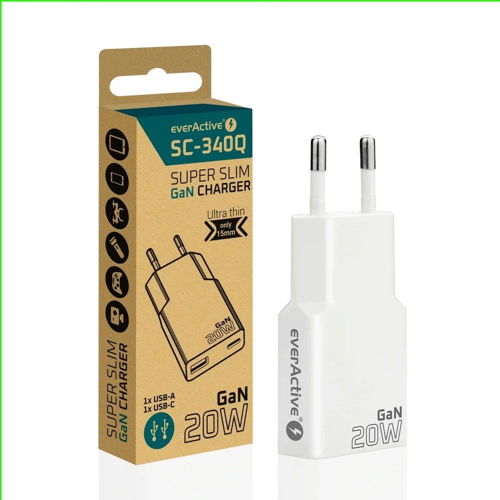 Stenski polnilec GaN super tanek, USB QC 3.0 + USB-C PD 20W, 1x USB-A + 1x USB-C, everActive SC-340Q, bel
