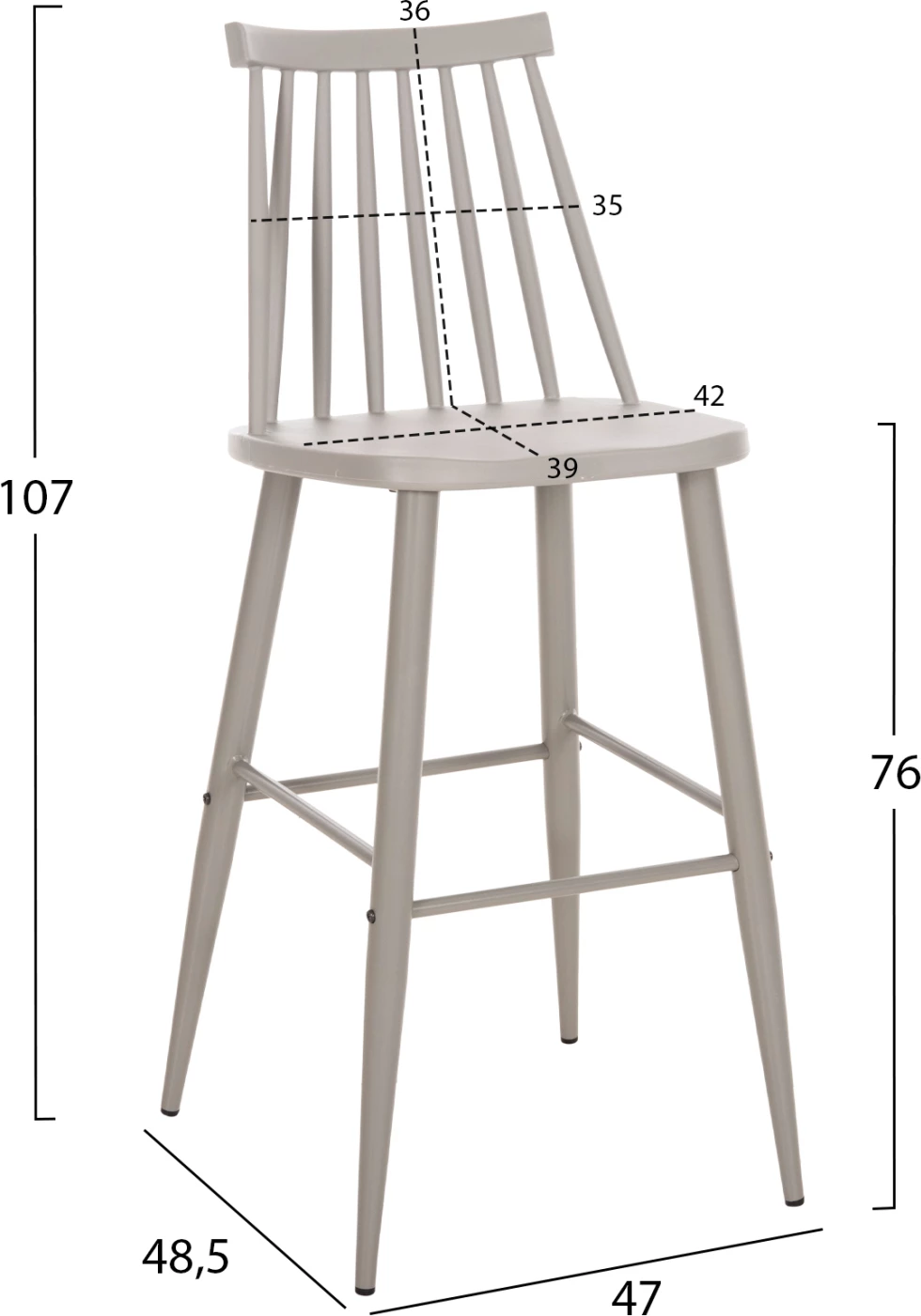 Barski stol z visokim sedežem VANESSA FH8459.20 s sivimi PP in sivimi kovinskimi nogami 47x48,5x107Hcm, set 2 kosov