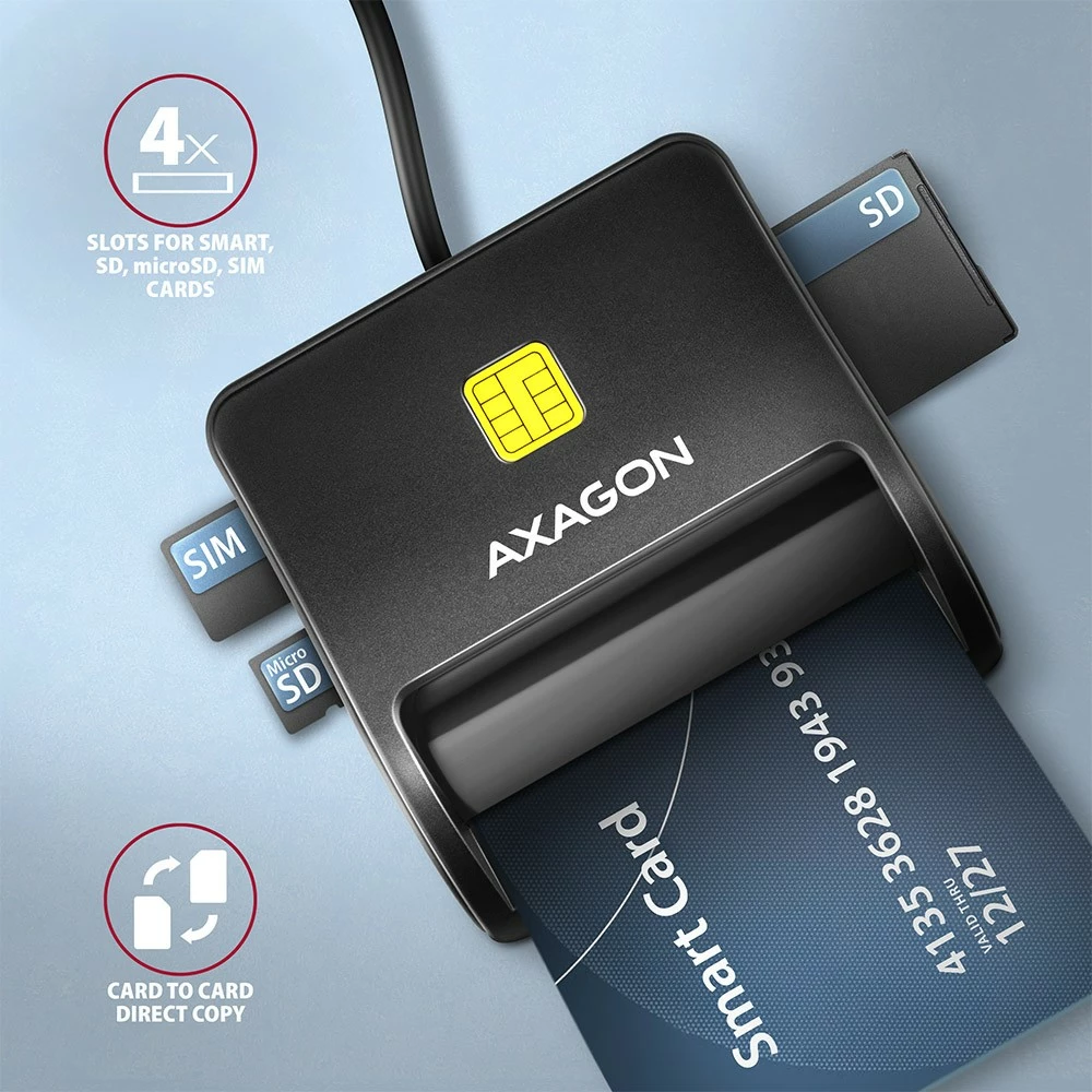 Bralnik kartic, USB 2.0, za pametno kartico/SD/microSD/SIM, črn AXAGON CRE-SM3SD