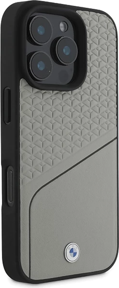 Ovitek za iPhone 16 Pro z usnjeno teksturo in linijami, MagSafe, BMW Sign, siv
