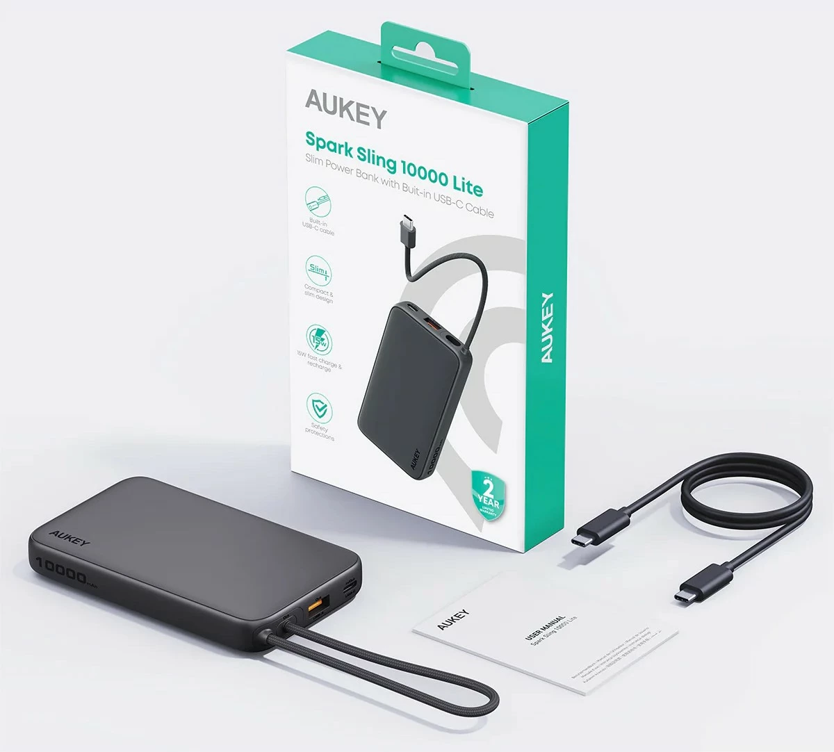 Power bank 10000 mAh, 22.5W, 4×USB, z vgrajenim kablom USB-C, AUKEY Spark Sling PB-Y53P, črn
