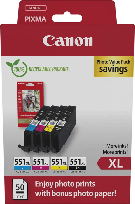 Set črnilnih kartuš Canon CLI-551XL 6443B008, XL kapaciteta, multipack, z 50 fotografskimi listi, črno/cian/magenta/rumeno