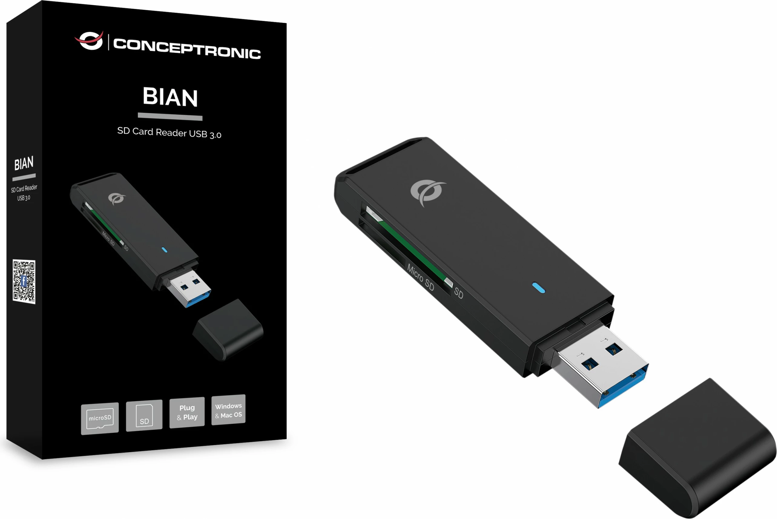 Čitalec kartic USB-A 3.2, Micro SD/SD, Conceptronic, črn