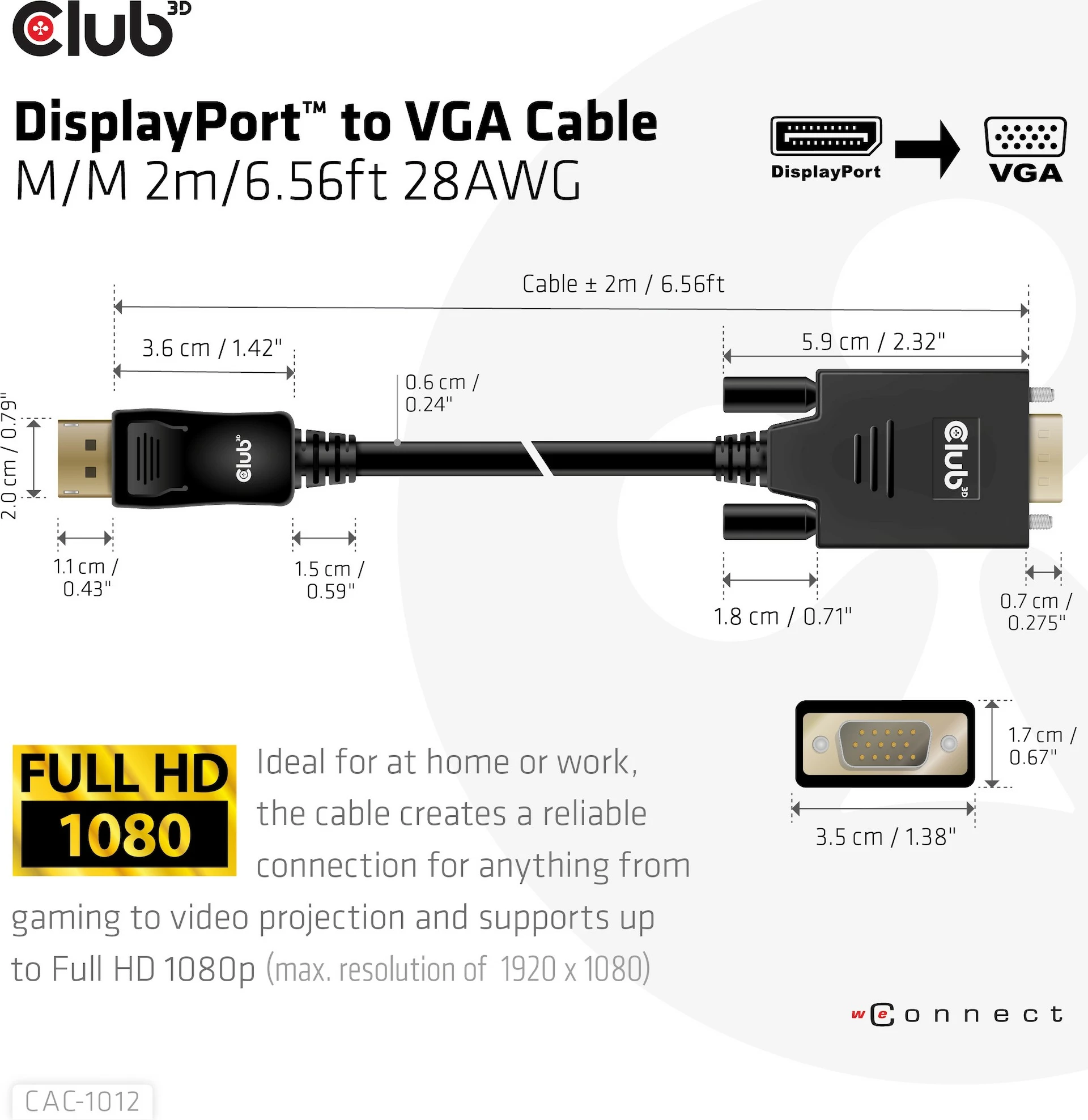 Kabel DisplayPort na VGA Club3D 2 m, črn