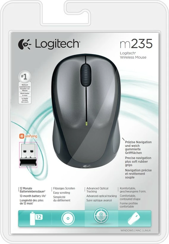 Optični brezžični miš Logitech M235, ambidekstralna, 1000 DPI, siva