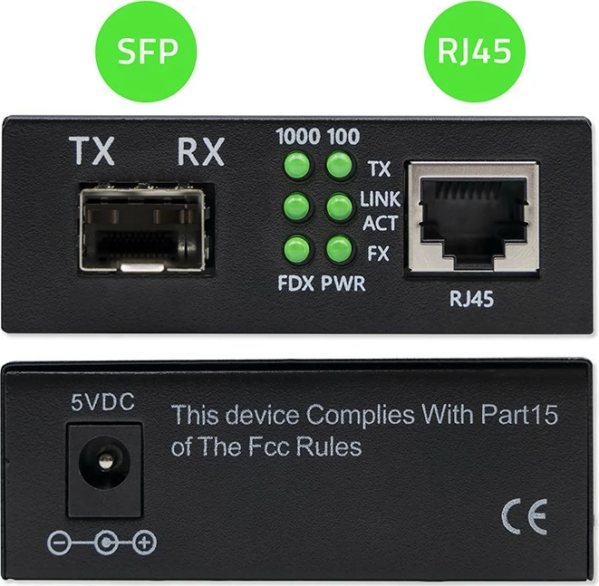 Medijski pretvornik Qoltec 52295, 1x RJ45, 1x SFP, 1000 Mb/s, črn