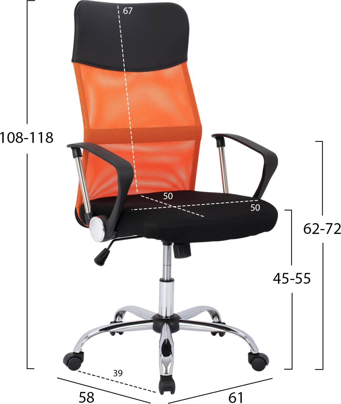 Pisarniški stol FH1000.02 Črna Oranžna Mreža kromirane noge 61x58x118