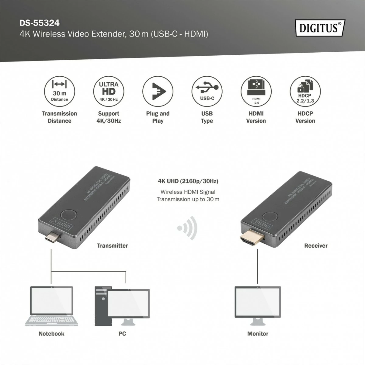 Brezžični HDMI podaljševalnik Digitus DS-55324, UHD 4K, 30 m, USB-C, črno/srebrn