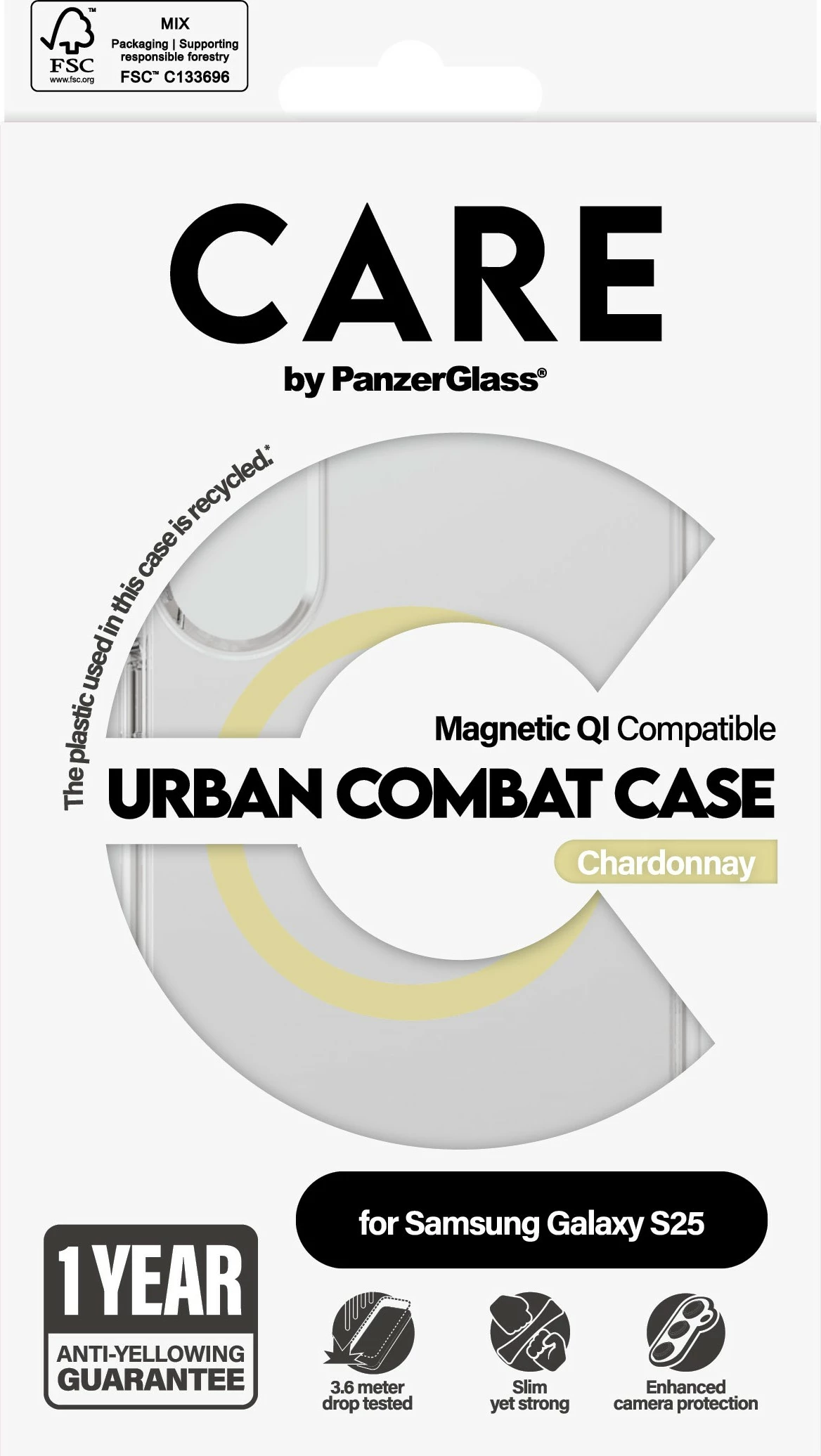 Prozoren zaščitni ovitek PanzerGlass CARE Flagship Case Clear Chardonnay QI za Samsung Galaxy S25