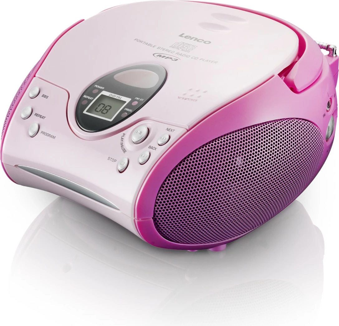 Prenosen zvočni sistem Lenco SCD-24, vgrajen zaslon, izhod za slušalke, FM radio, rožnat