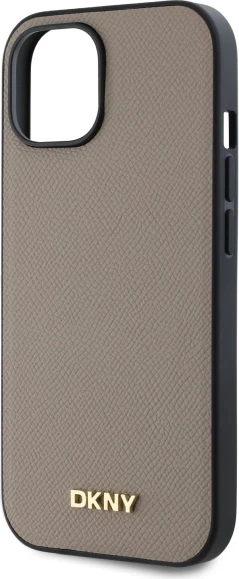 Ovitek za telefon z žimanim kovinskim logotipom MagSafe, DKNY, za iPhone 15, bež