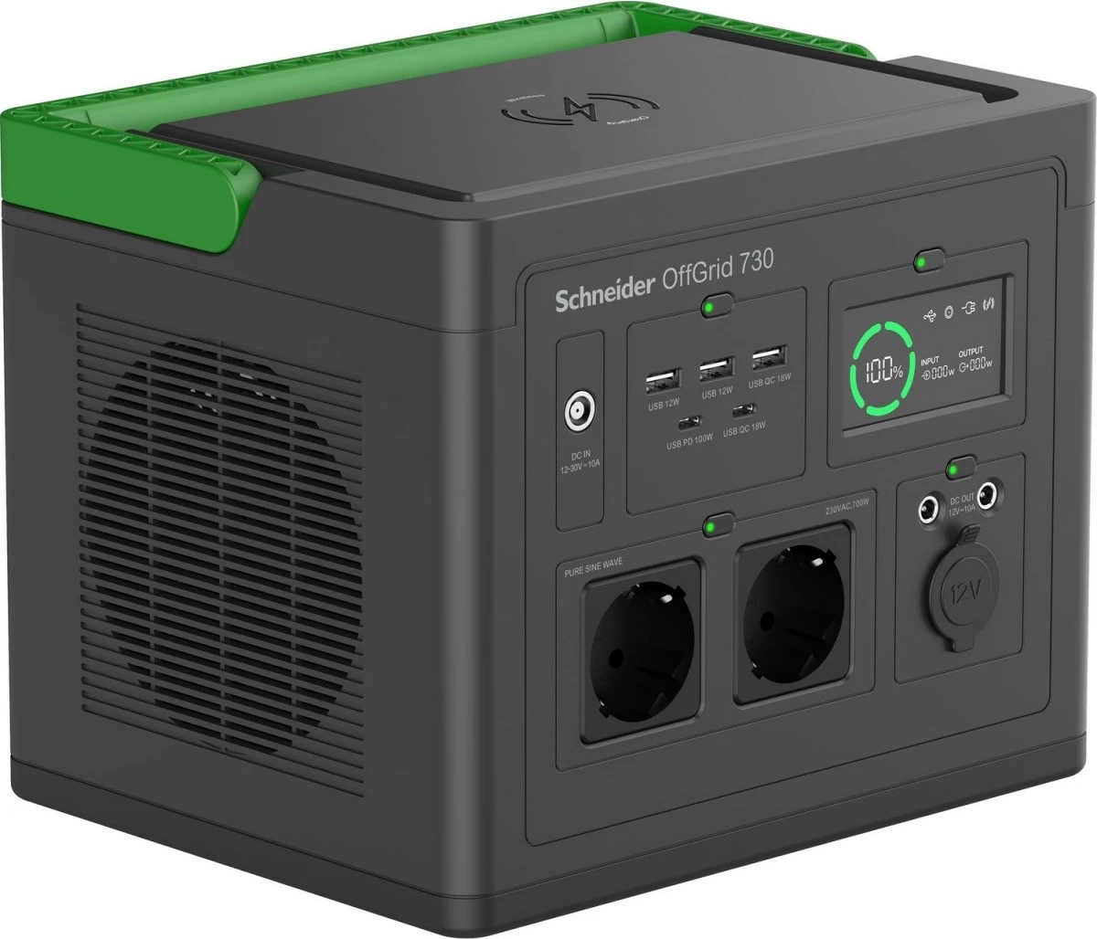Prenosna napajalna postaja 738 Wh, Schneider OffGrid PPS730-GR, 2x Schuko, Li-ion, črno/zelena