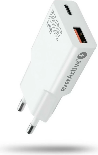 Super tanek GaN stenski polnilec 30W, 1x USB + 1x USB-C, QC 3.0/PD, everActive SC-380Q, bel