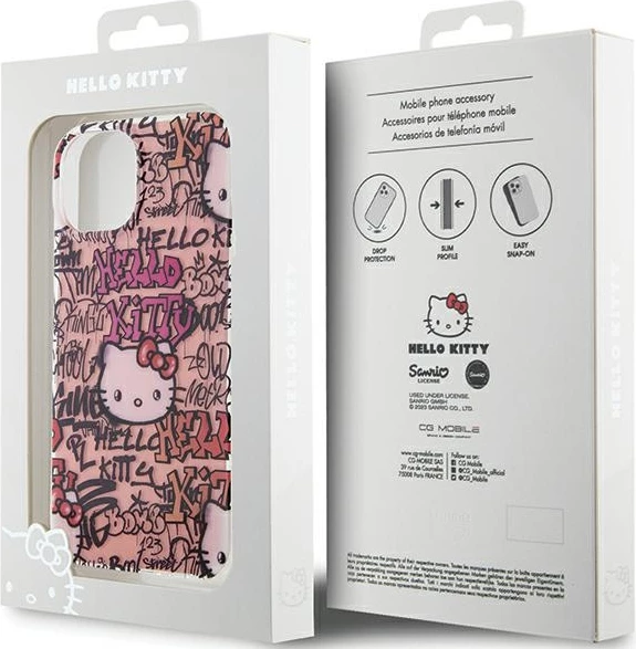 Ovitek z grafiti Hello Kitty IML za iPhone 15, rožnat