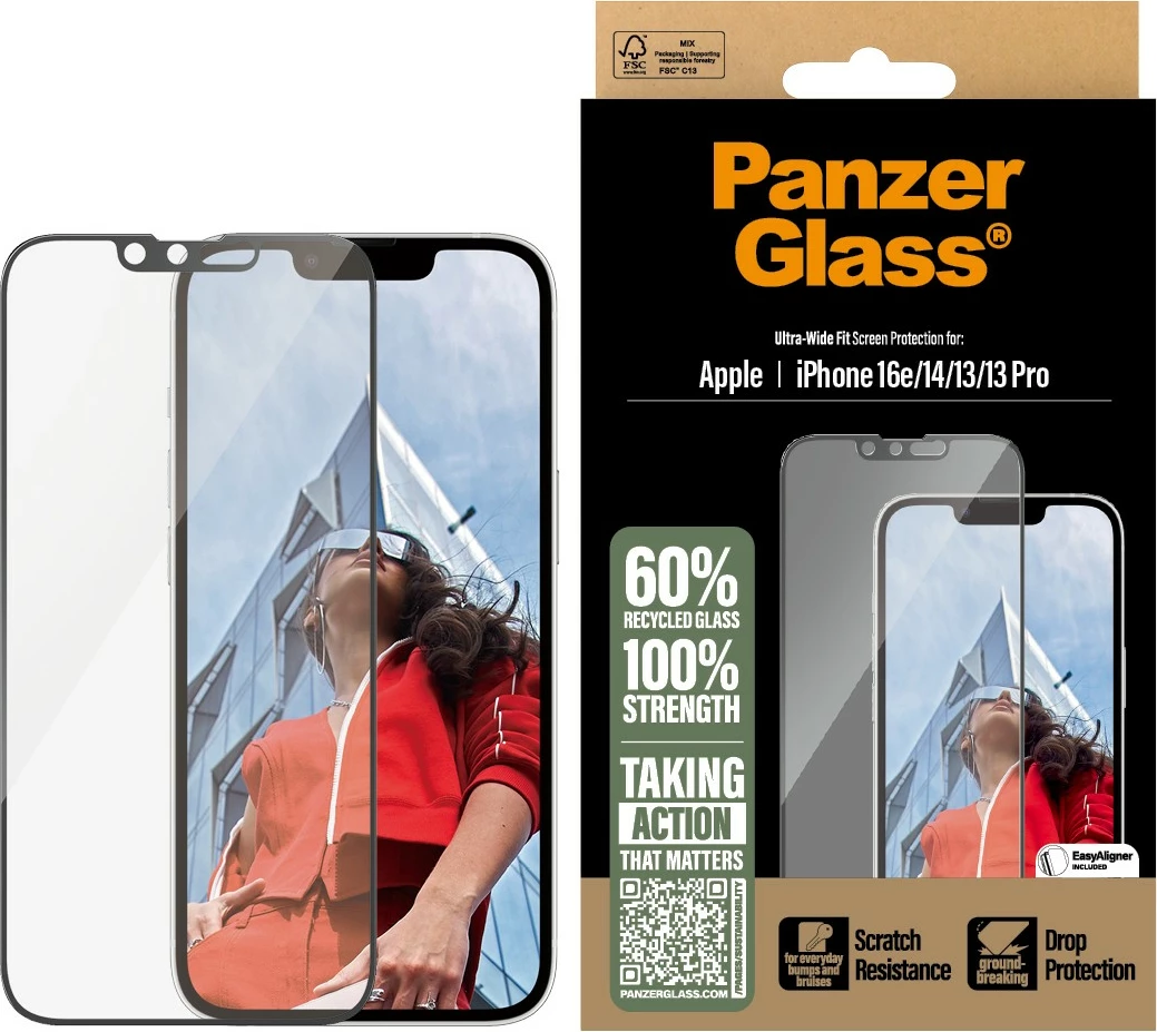 Zaščitno steklo za zaslon PanzerGlass za iPhone 16e/14/13/13 Pro, prozorno