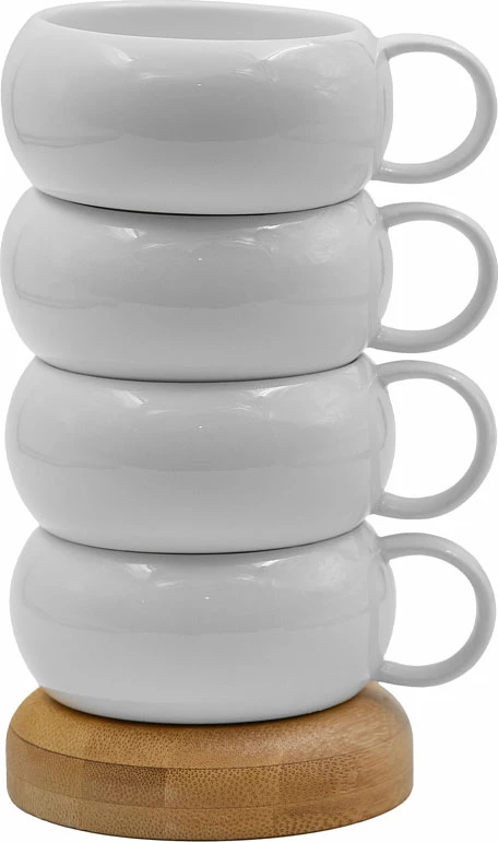 Set skodelic Curve, 4 kosi, bel porcelan, naravni bambus, 12x10x19 cm