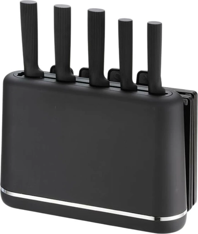 Komplet nožev z magnetnim držalom in deskami za rezanje, Feel-Maestro MR-1412-BLACK, 10-delni, magnetni blok + podstavek za deske, primeren za pomivalni stroj, črn