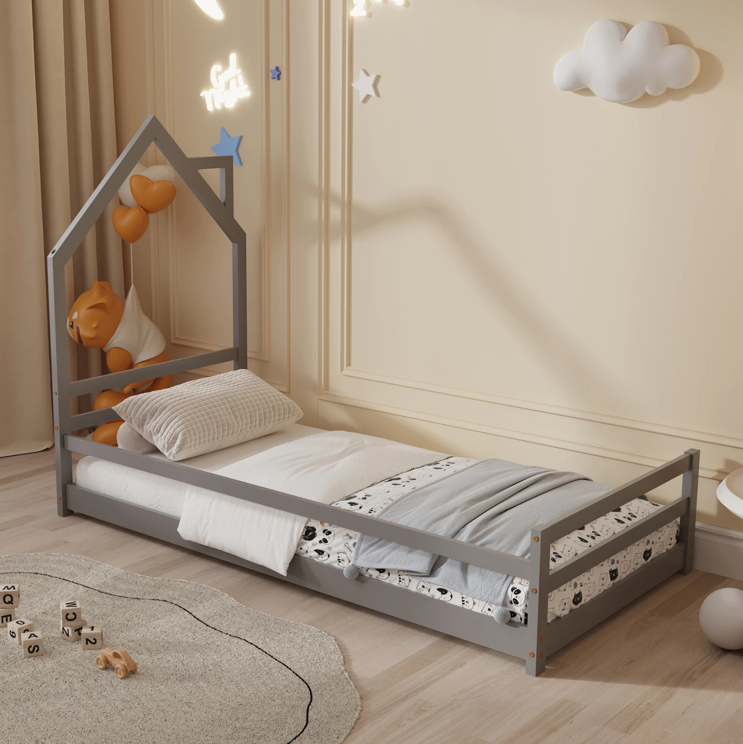 Postelja za otroke HOUSER FH676.05 t.MONTESSORI iz masivnega borovega lesa v sivi barvi - 190x90 cm