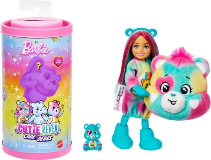 Lutka Cutie Reveal Chelsea, Barbie Mattel JGH75, serija Care Bears, 6 presenečenj, mini figura Care Bear, komplet 5-delni, večbarvna