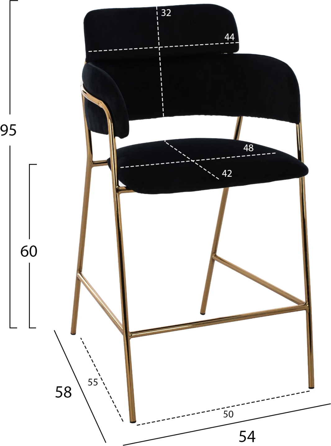 Srednje visok stol FH8735.04 iz žameta črne barve z pozlačenim okvirjem 54x58x95Y cm, set 2 kosov