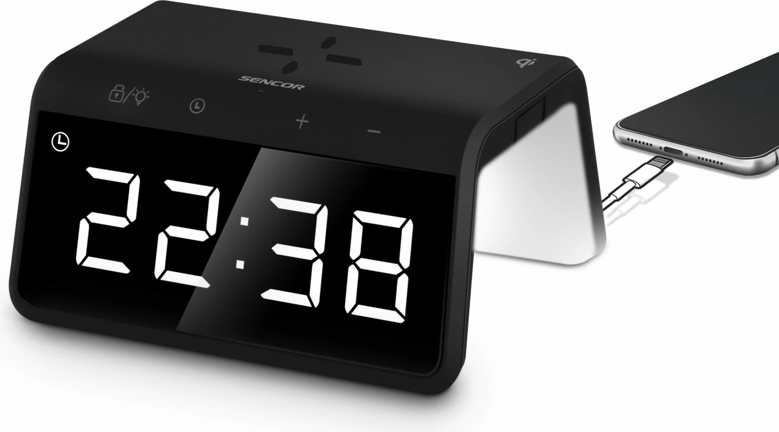 Dvojni alarm z brezžičnim polnjenjem (Qi 10W) Sencor SDC 7900Qi, črn