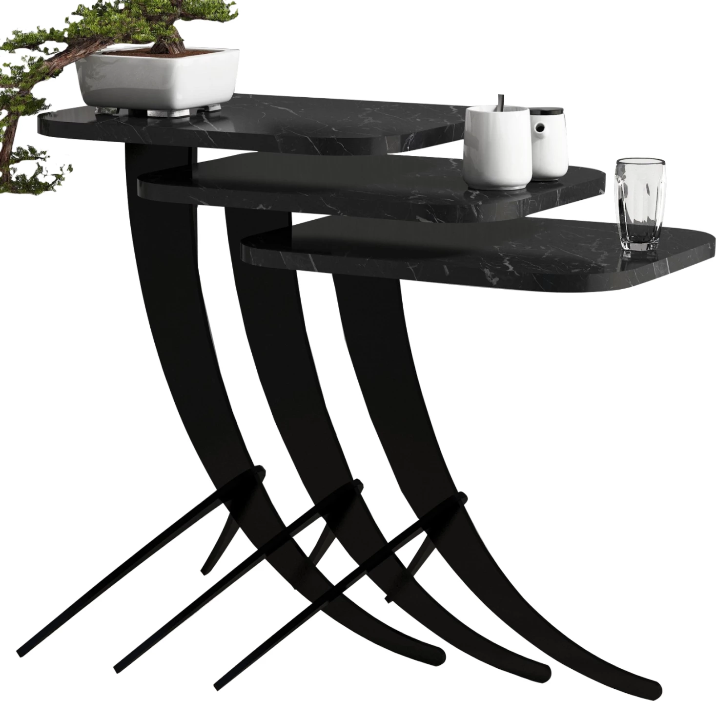 Stranske mize 3 kosi FH9508.02 melamin črni marmor videz-črne kovinske noge 35x45x60H cm