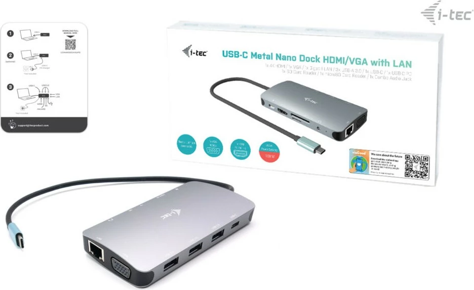 Prenosni kovinski dok I-Tec Metal USB-C Travel Nano Dock, HDMI/VGA, LAN, Power Delivery 100W, srebrn