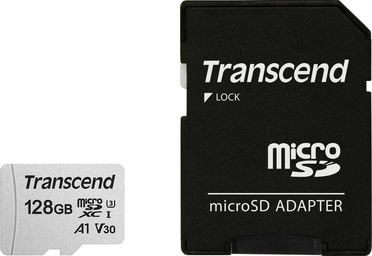 MicroSDXC kartica 128GB za shranjevanje Transcend 300S z adapterjem, Class 10, U3, V30, srebrna
