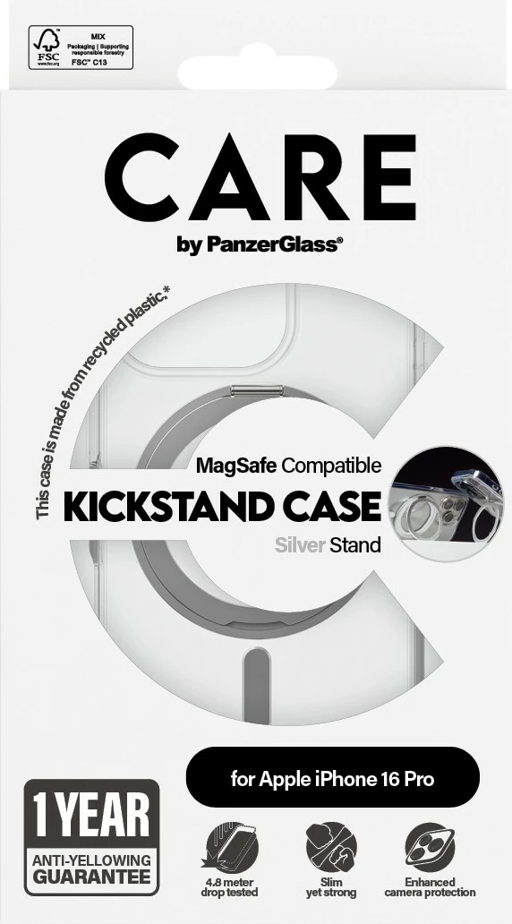 Prozoren ovitek PanzerGlass CARE Feature s stojalom in MagSAFE za iPhone 16 Pro