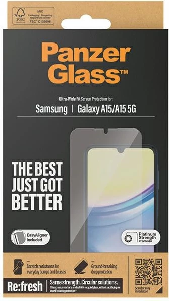 Zaščita zaslona PanzerGlass Ultra-Wide Fit za Samsung Galaxy A15/A15 5G, kaljeno steklo