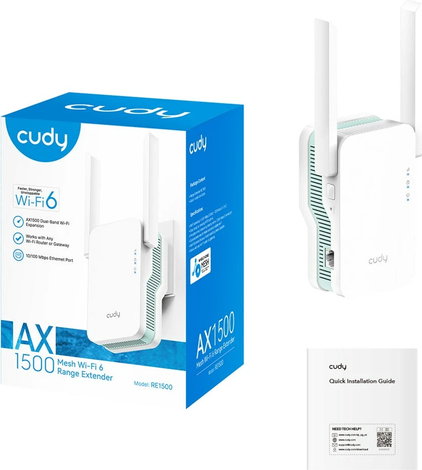 Mesh Wi‑Fi ponavljalnik CUDY RE1500, Wi‑Fi 6, 1201 Mbps, bel