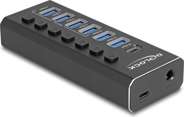 USB razdelilec z 7 vrati, 4x 10 Gbps, 4x hitri polnilec, z gumbi, črn - DeLOCK