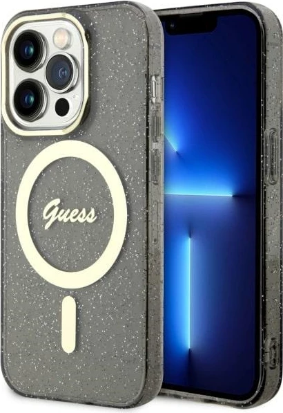 Zaščitni ovitek z bleščicami Guess GUHMP14LHCMCGK za iPhone 14 Pro 6,1", Glitter Gold MagSafe, črn