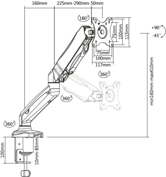 Nosilec za monitor za mizo s plinsko vzmetjo TB TB-MG1, do 27 palcev, 8 kg, črn