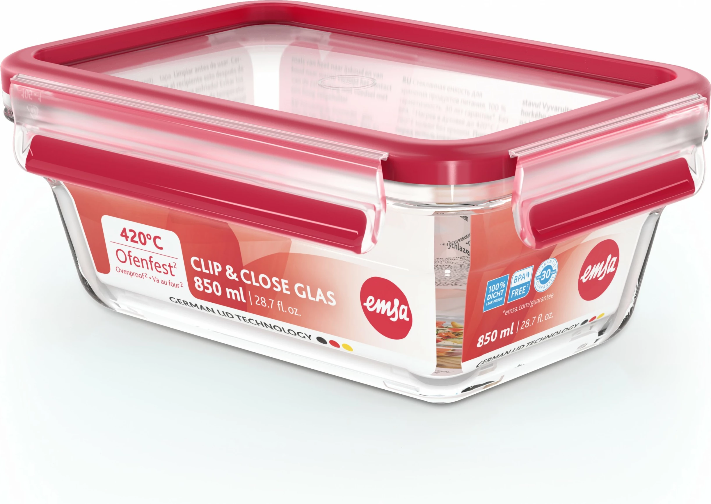 Steklena posoda Clip & Close Glas 0,85 L, rdeč pokrov Emsa