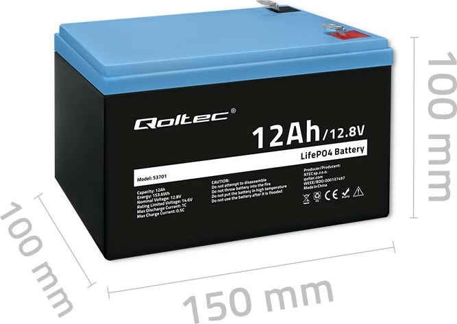 Baterija LiFePO4, 12,8 V, 12 Ah, 153,6 Wh, z BMS, Qoltec 53701