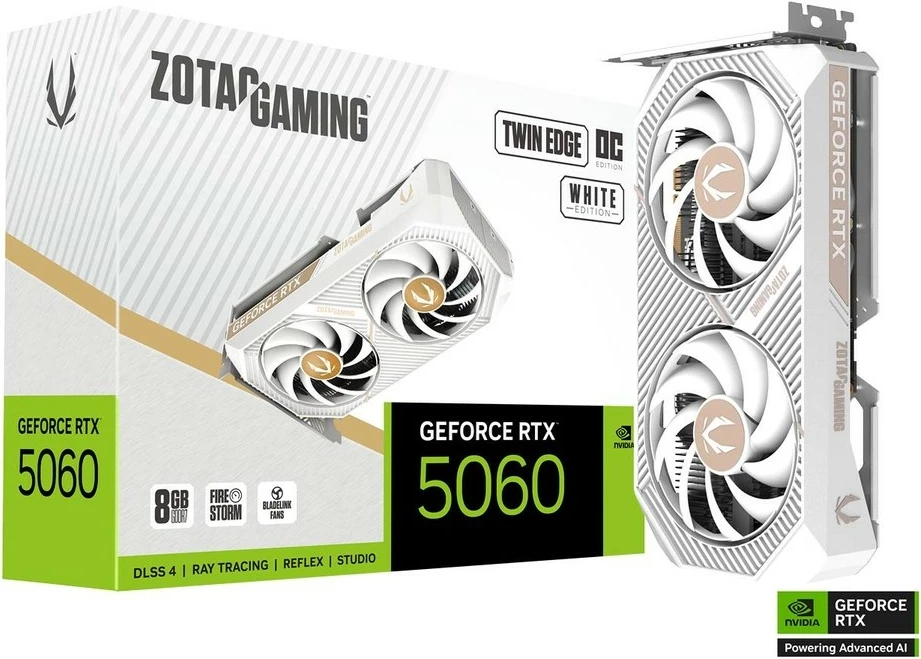Grafična kartica ZOTAC GeForce RTX 5060 Twin Edge OC ZT-B50600Q-10M, 8 GB GDDR7 128-bit, 3x DisplayPort/HDMI, PCIe 5.0 x8, bela