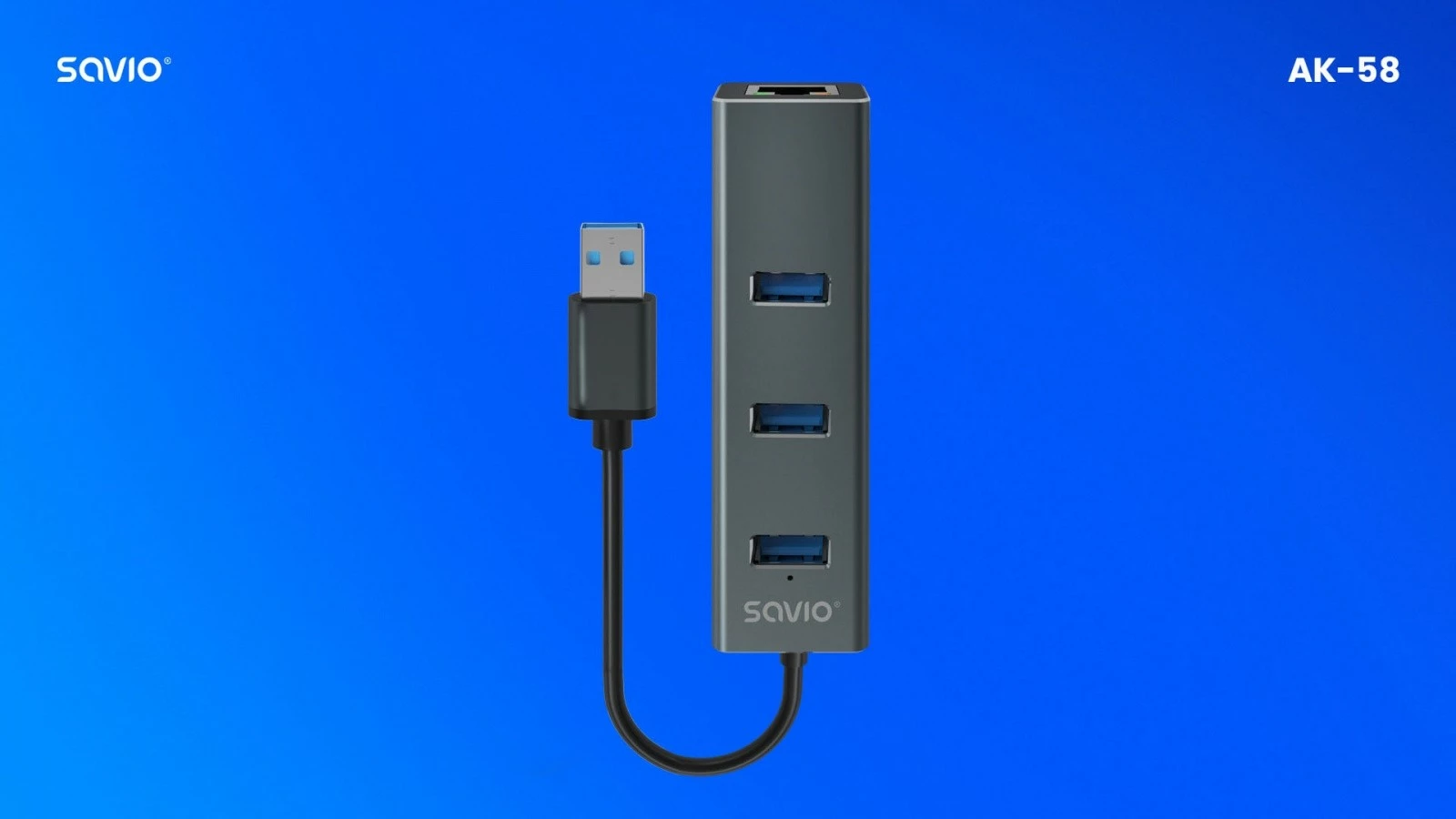 Adapter z 3 vrati USB-A 3.1 Gen 1 in RJ-45 Gigabit Ethernet, Savio AK-58, temno siv