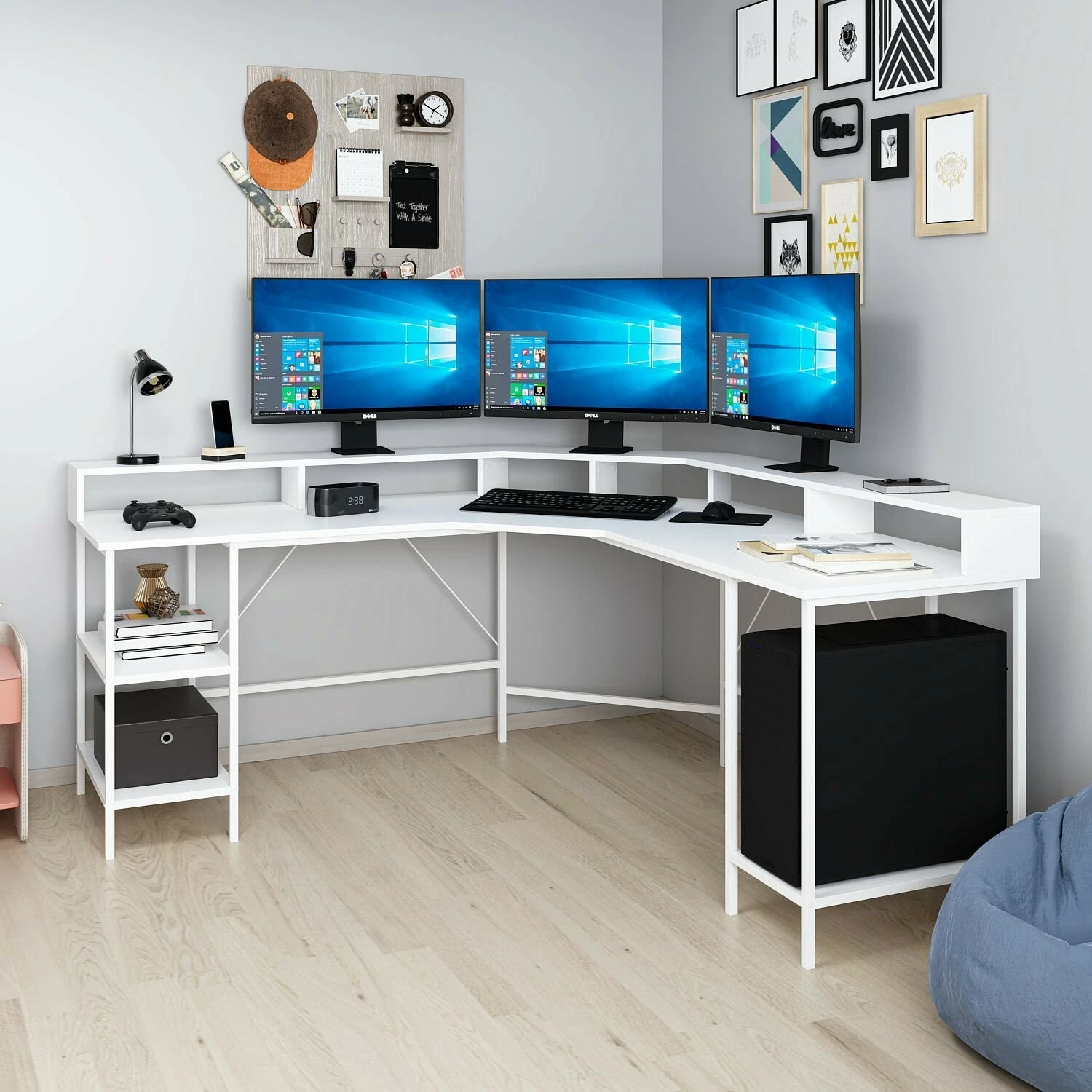 Kotna delovna miza Skye Decor Power Raflı L, bela