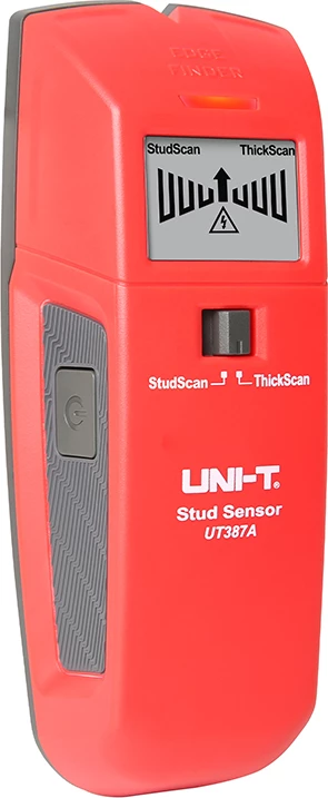 Stenski detektor, UNI-T UT387A, dva načina StudScan/ThickScan, odkrivanje lesa/kovine do 28,5 mm in električnih kablov do 50 mm, rdeče-siv