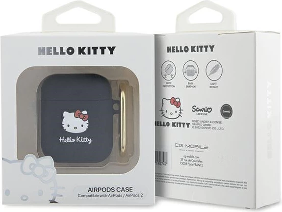 Ovitek za AirPods 1/2, Hello Kitty, silikon, črn, z obročkom